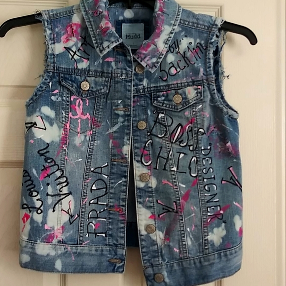 Hand Painted Word Art Denim Vest - Picture 1 of 5